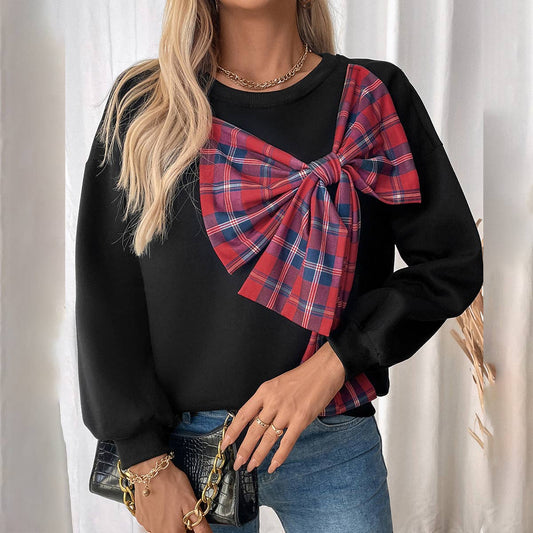 CREW NECK AND FLEECE PLAID BOW PATCHWORK HOODIE