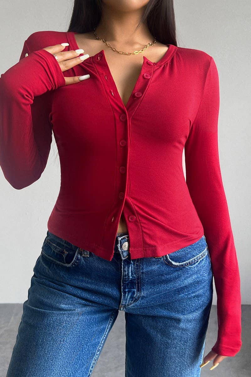 CWTTL1963_SOLID COLOR SLIM FIT CARDIGAN BUTTON TOP