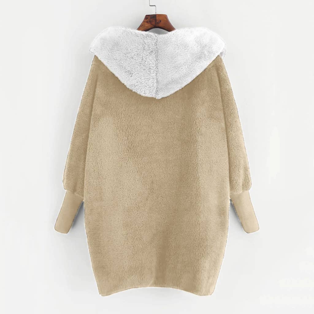 Color matching fleece hooded loose cardigan coat