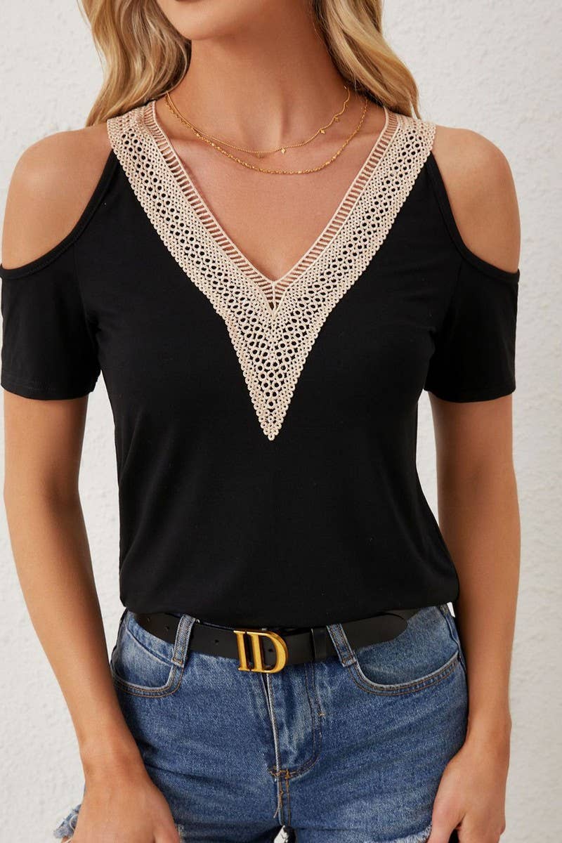 CWTBLL3525_LACE V-NECK OFF-SHOULDER LOOSE SHORT-SLEEVED TOP