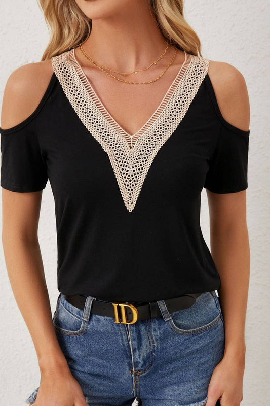 CWTBLL3525_LACE V-NECK OFF-SHOULDER LOOSE SHORT-SLEEVED TOP