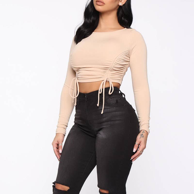 FASHION TREND PLEATED DESIGN FEELING CROP T-SHIRT