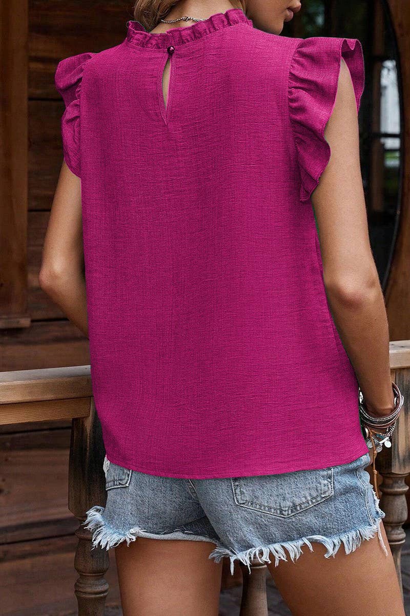 CWTBLSL0634_RUFFLE SLEEVE PLEATED SHORT SLEEVE TOP