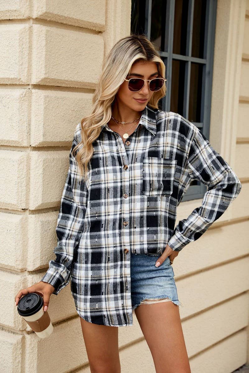 CWTSTL2063_CROCHET LONG-SLEEVED LOOSE LAPEL PLAID SHIRT