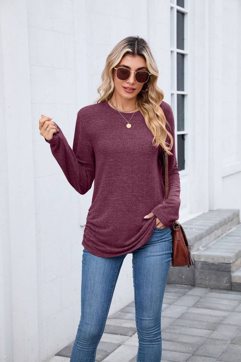 CWTBLL01304_COLORBLOCK RUCHED LONG SLEEVE CASUAL T SHIRT