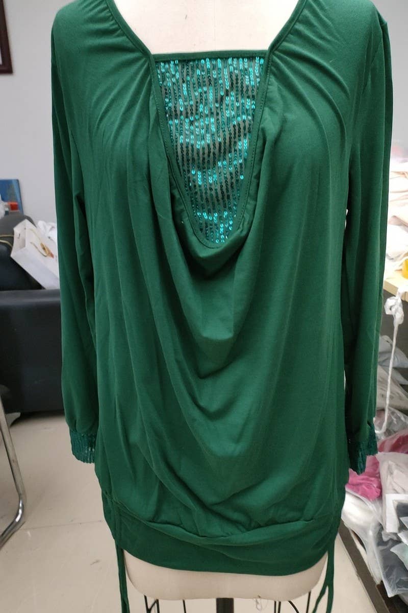 CWTBLL2791_U-NECK SOLID COLOR SEQUINED LONG-SLEEVED TOP