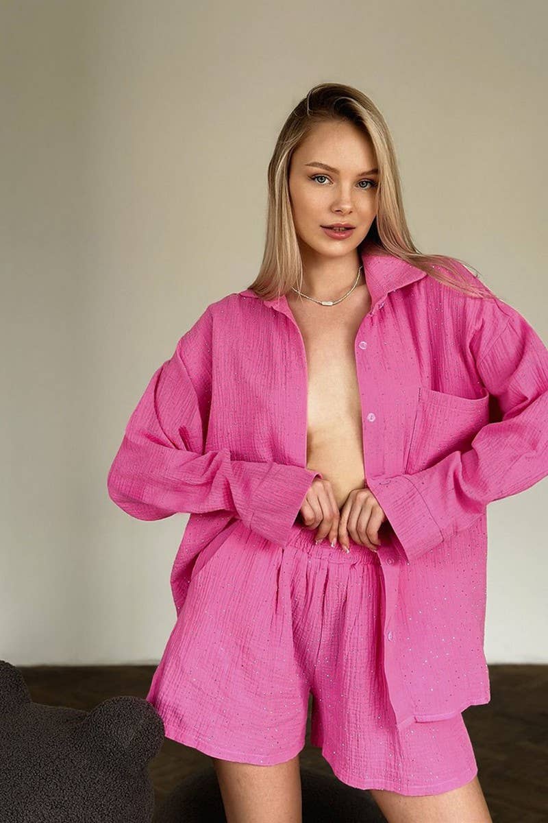 CWSPJ0383_COTTON LONG SLEEVE SHORTS RHINESTONE PAJAMA SET