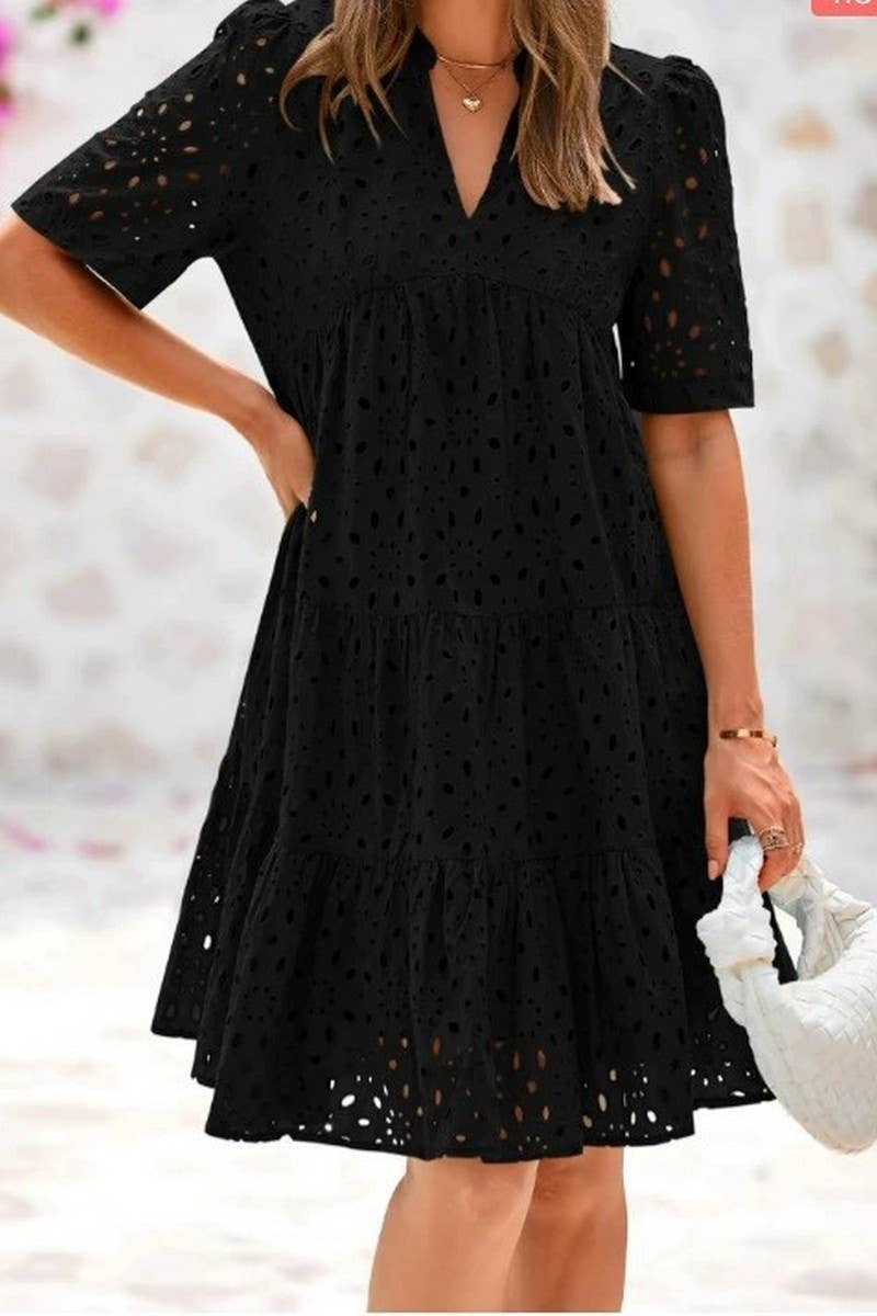 CWDSD8527_V-NECK HOLLOW LACE ELEGANT A-LINE DRESS