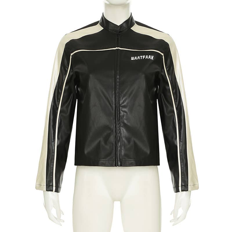 BIKER STYLE BLACK WHITE PATCHWORK LEATHER  JACKET