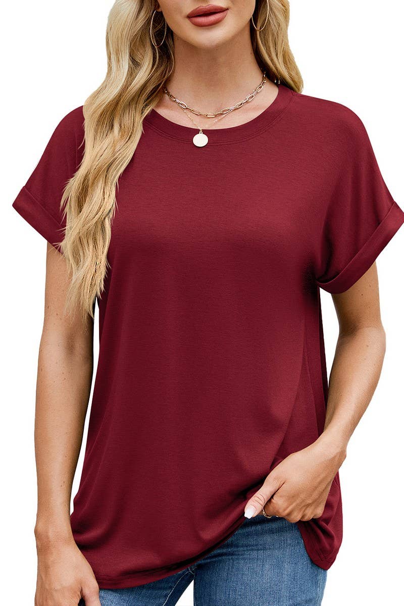 CWTBLS1728_SOLID COLOR ROUND NECK T-SHIRT SHORT SLEEVE TOP