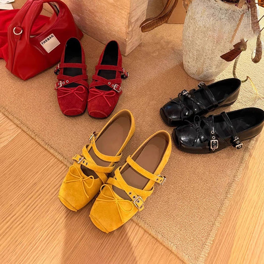 Suede Mary Jane Flats with Cross Strap & Bow_CWSHF0067