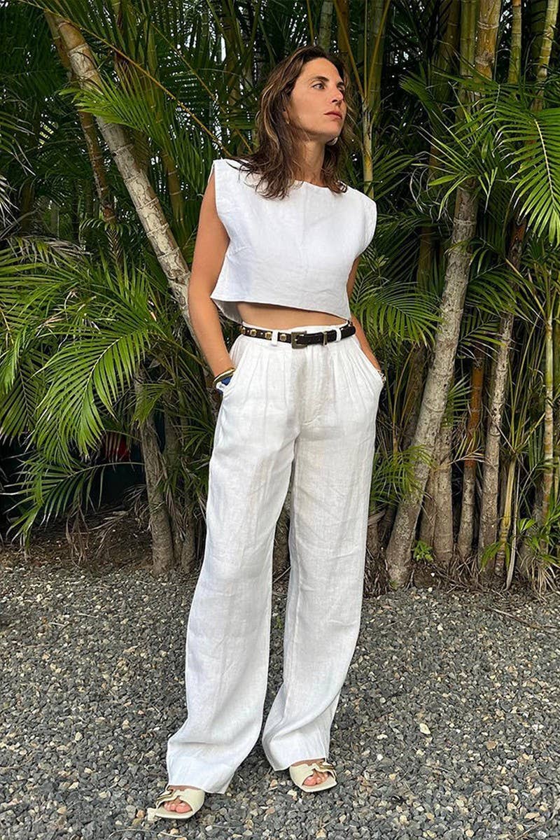 CWSTB1800_LINEN SLEEVELESS TOP & WIDE LEG PANTS SET