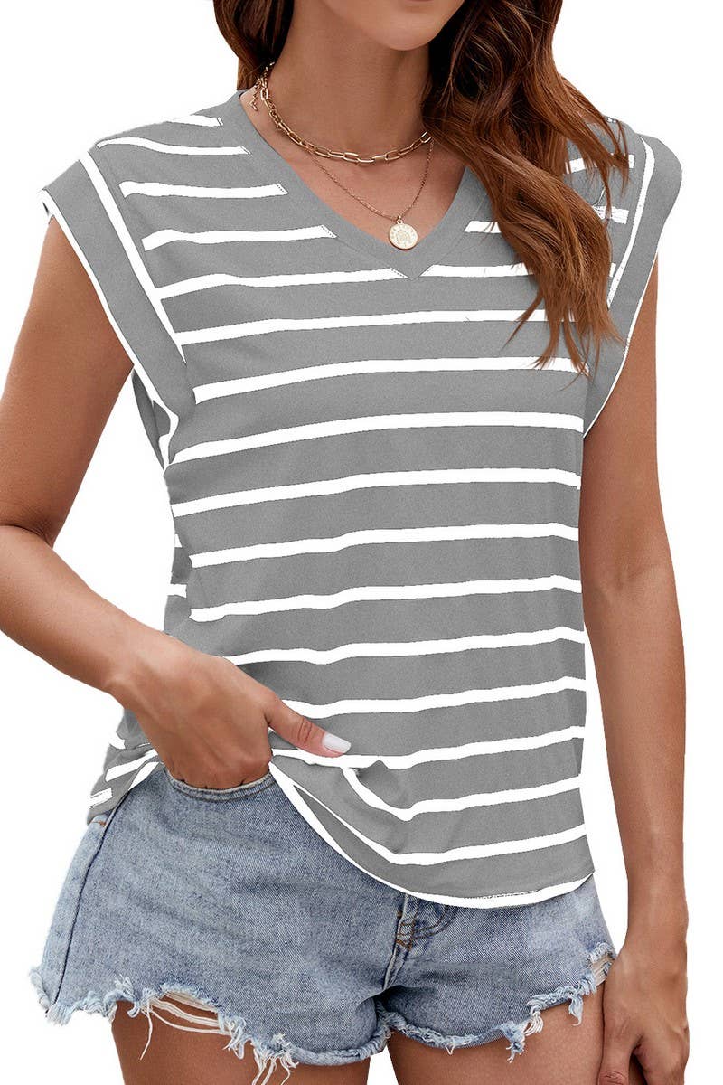 CWTTS1089_V-NECK STRIPED RAGLAN SLEEVE CASUAL T-SHIRT