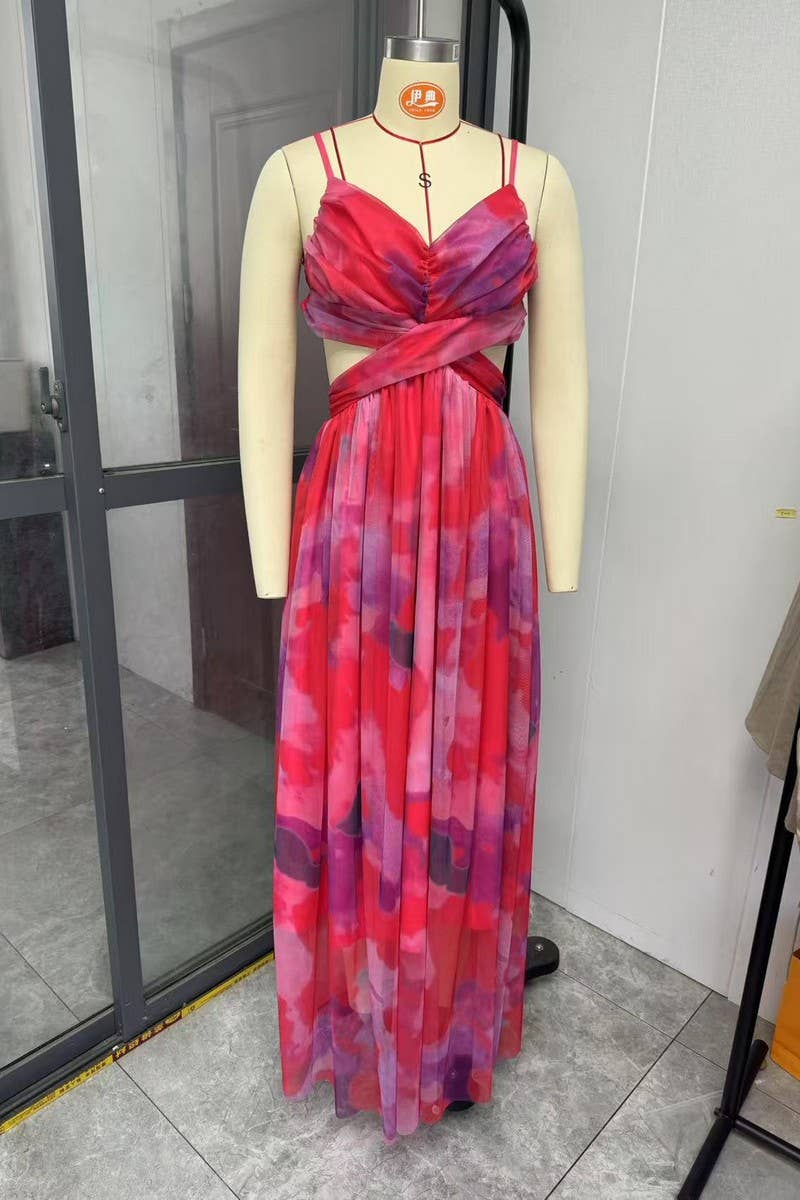 CWDMD01003_MESH PRINTED SUSPENDER CASUAL PARTY DRESS