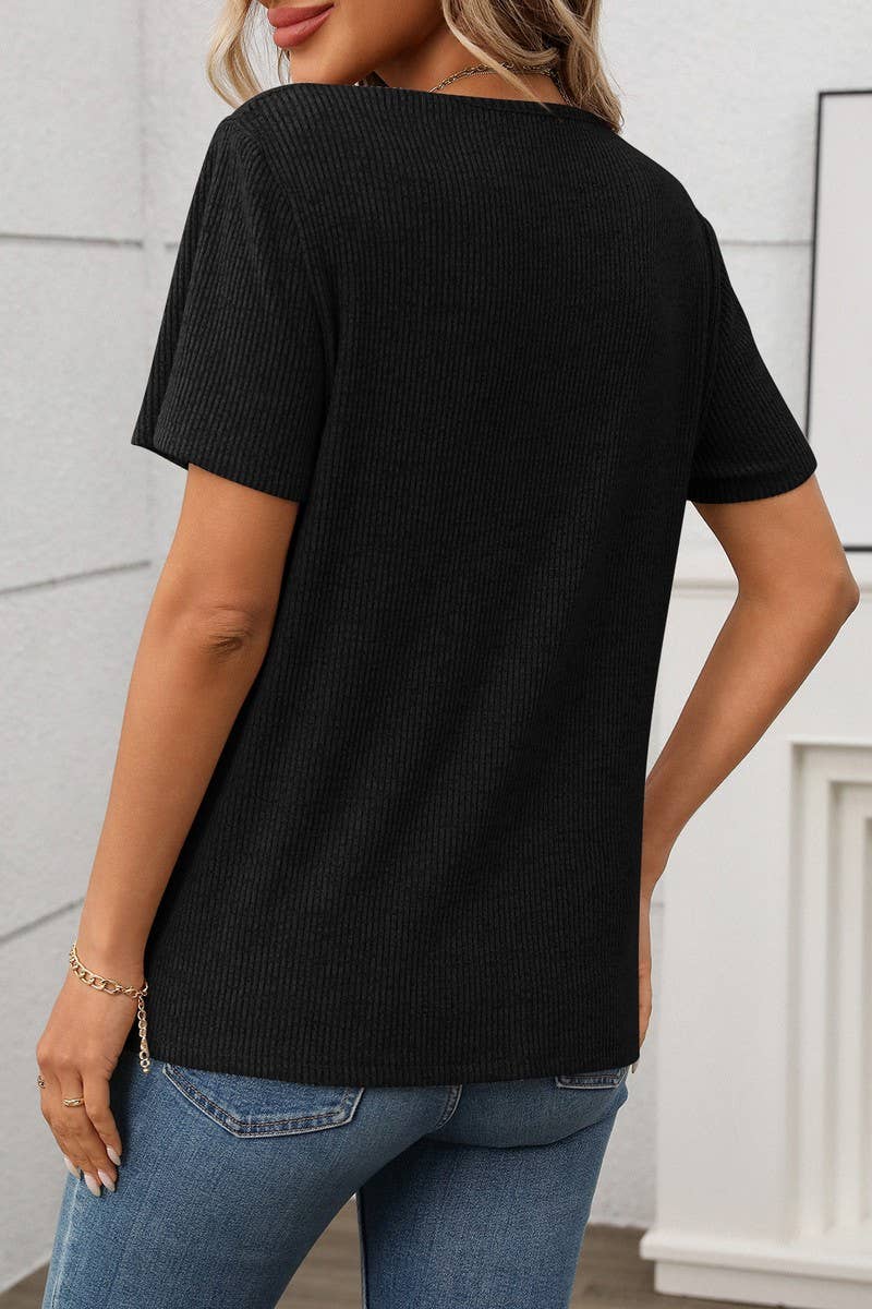 CWOSWS0133_KNITTED RIBBED V-NECK BUTTON SHORT SLEEVE TOP