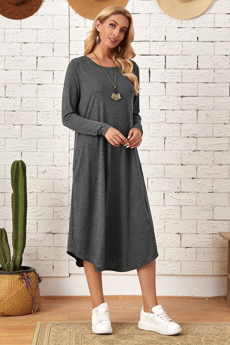 CWDMD3948_SOLID COLOR CASUAL LONG SLEEVE LONG DRESS