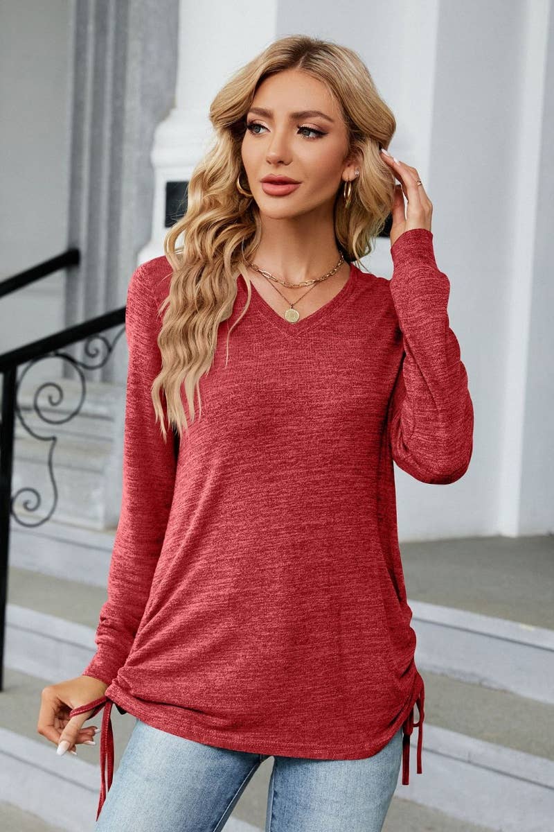CWTBLL2690_FALL V-NECK PLEATED SOLID COLOR LONG-SLEEVED TOP