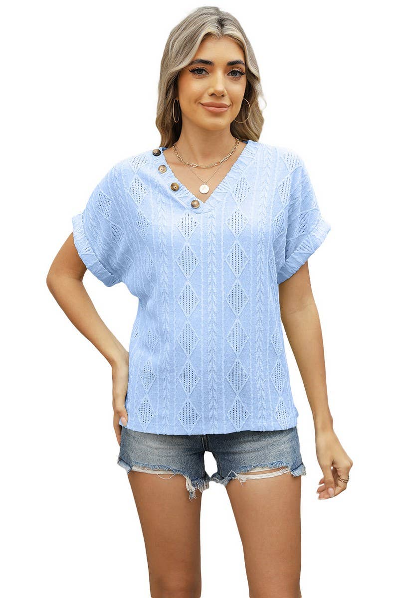 CWTBLS1704_V-NECK JACQUARD BUTTON SHORT-SLEEVED HOLLOW TOP