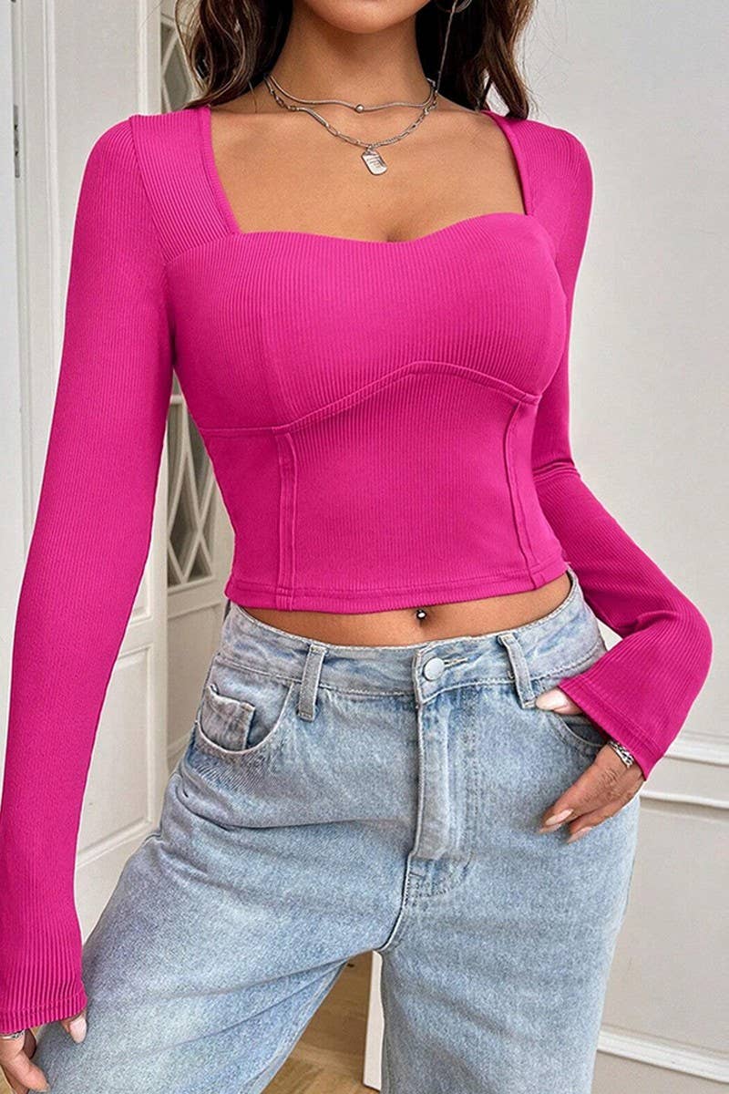 CWTBLL2748_SQUARE NECK SLIM FIT LONG SLEEVE T-SHIRT TOP