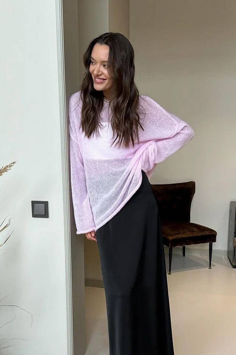 CWTBLL3453_SOLID COLOR SEE-THROUGH LONG-SLEEVED T-SHIRT