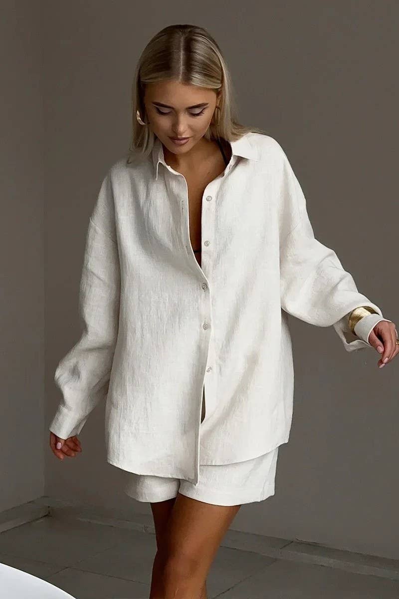 CWSTB00383_COTTON CARDIGAN LONG SLEEVE SHORTS SET