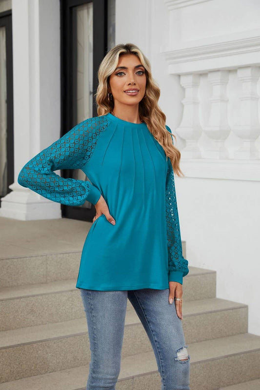 CWTBLL2349_AUTUMN AND WINTER ROUND NECK LACE CASUAL T-SHIRT