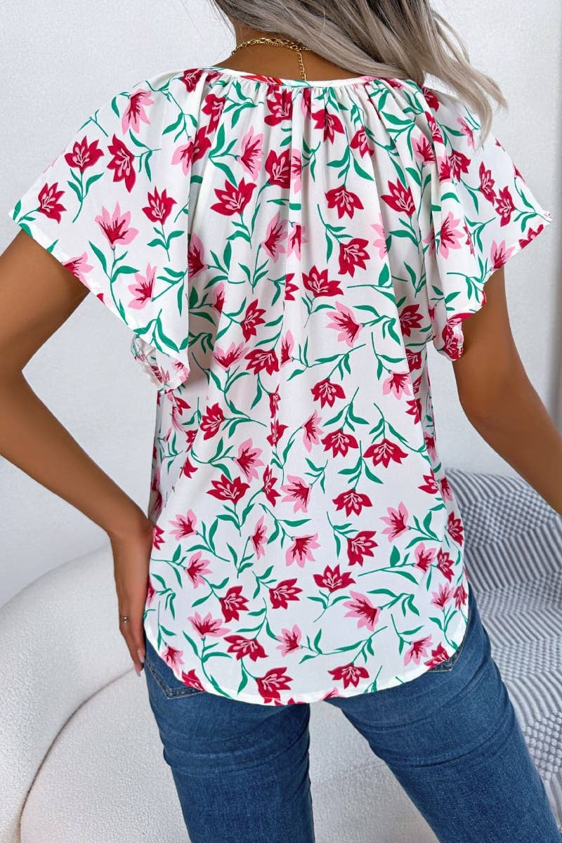 CWOV0302_SUMMER CASUAL LOOSE RUFFLED LACE CHIFFON TOP