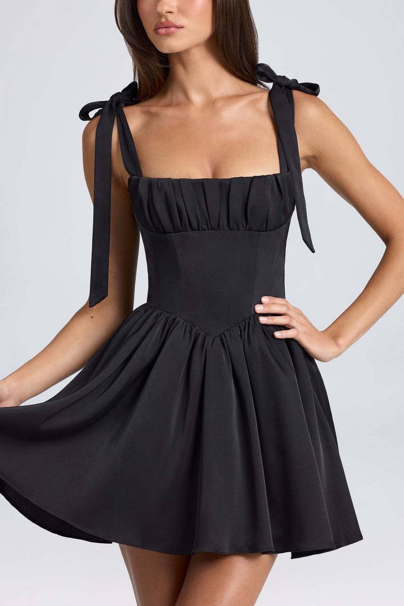 CWDSD8121_SQUARE NECK HIGH WAIST PLEATED BOW SLIP DRESS