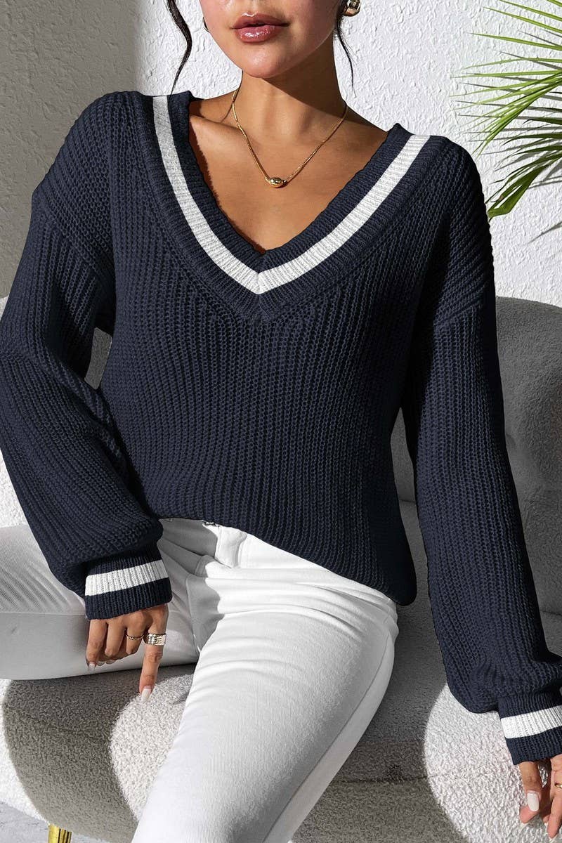 CWTSTL00988_WOMEN COLORBLOCK V-NECK LOOSE KNIT SWEATER
