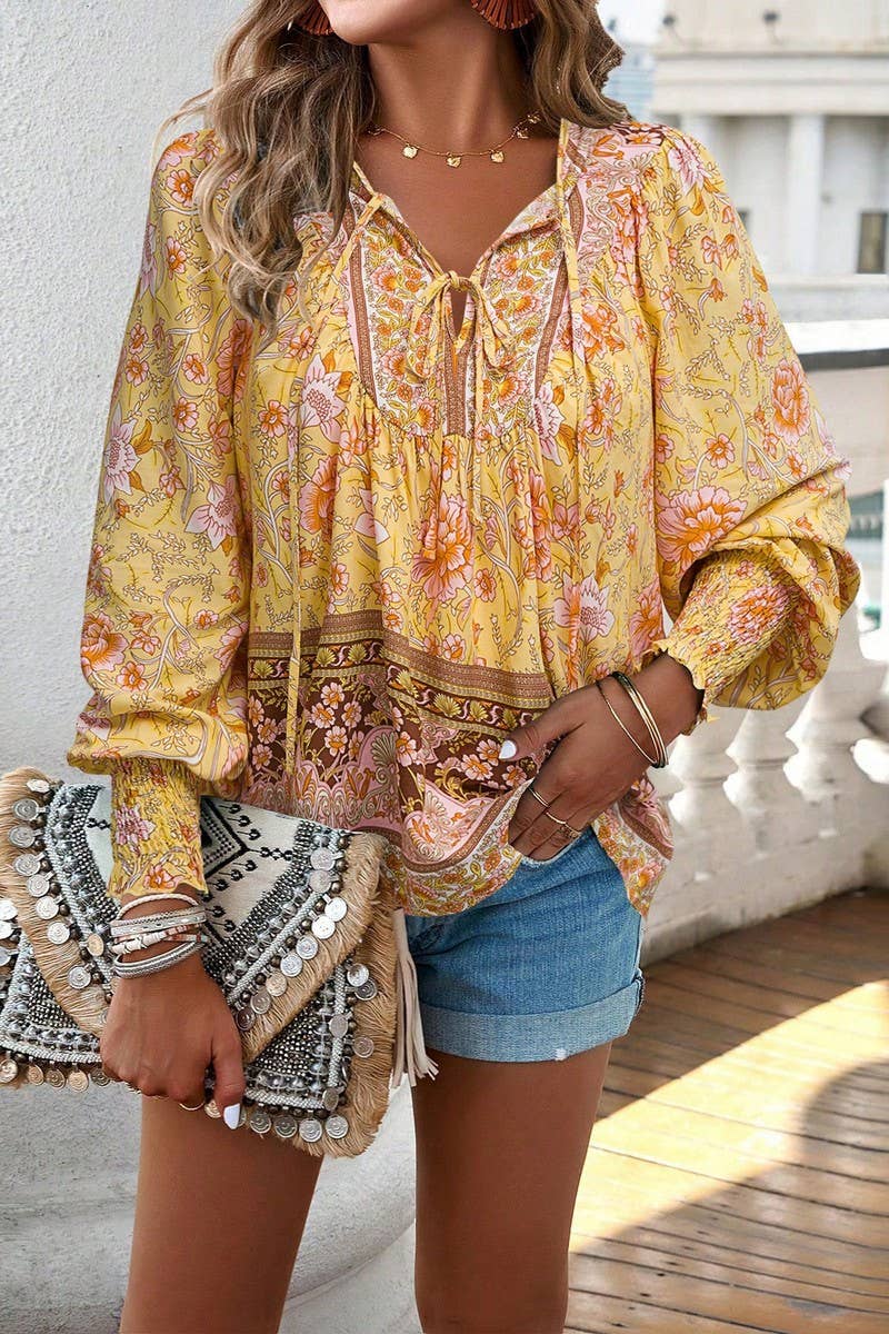 CWTBLL3942_BOHO V-NECK TIE FRONT PRINTED LONG SLEEVE BLOUSE