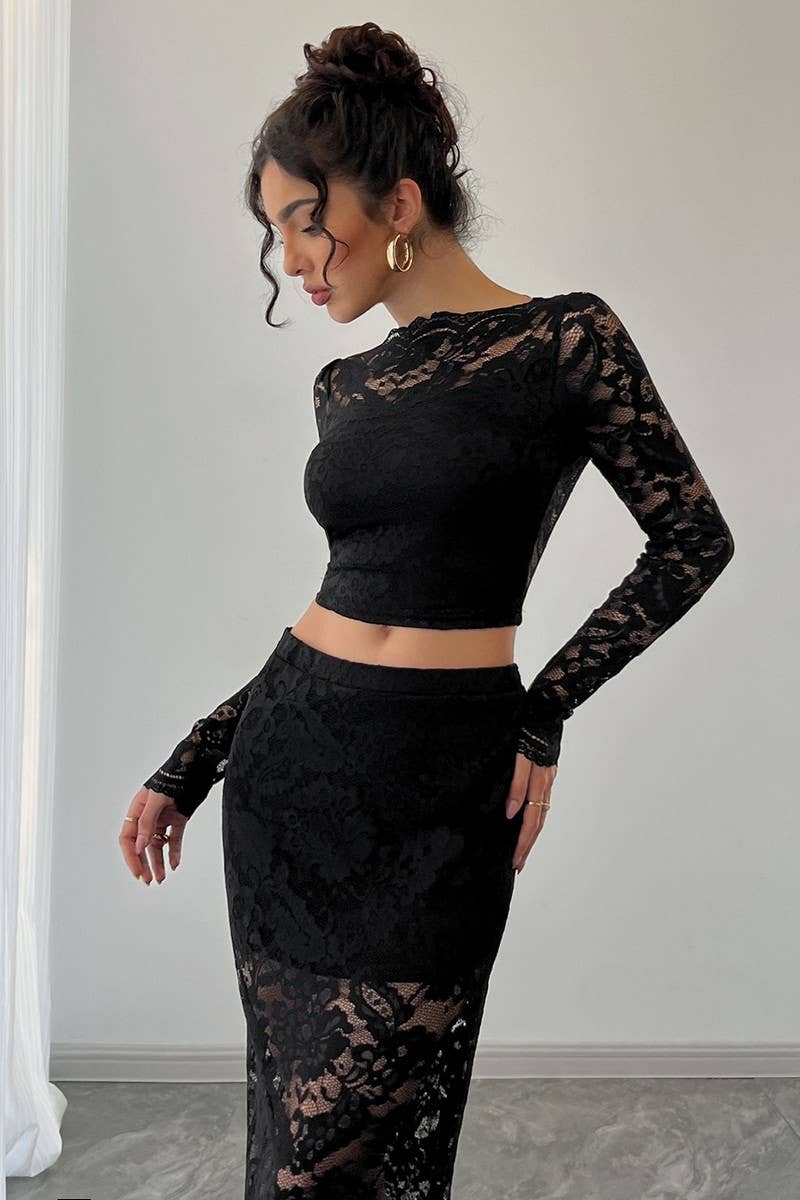 CWSTB1963_LACE JACQUARD SHEER TWO PIECE SKIRT SET