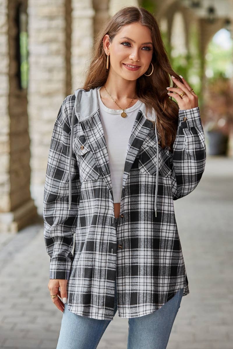 CWTSTL1718_FALL CASUAL LONG-SLEEVED HOODED PLAID SHIRT TOP