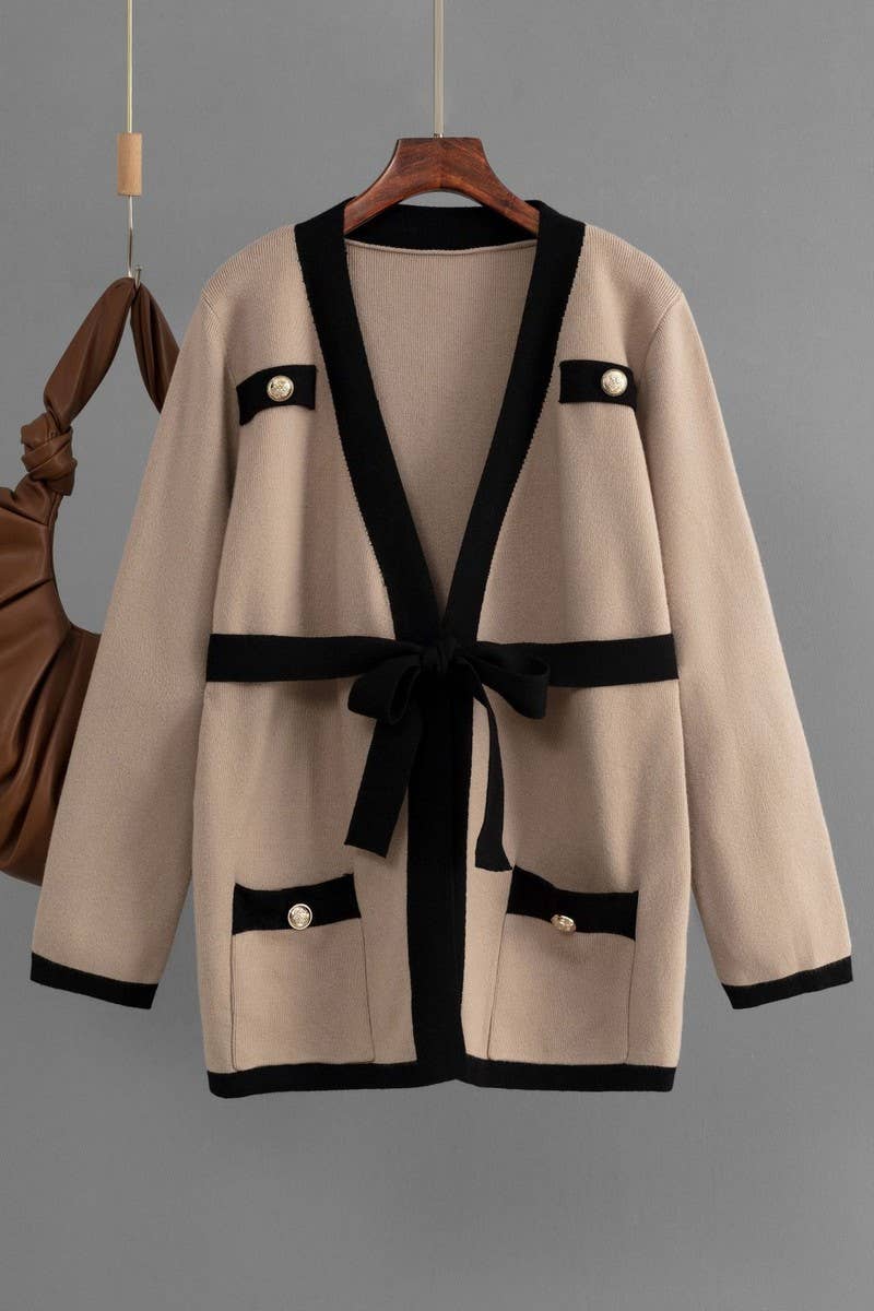 CWOCAL00675_V NECK COLORBLOCK TIE BUTTON PLUS CARDIGAN