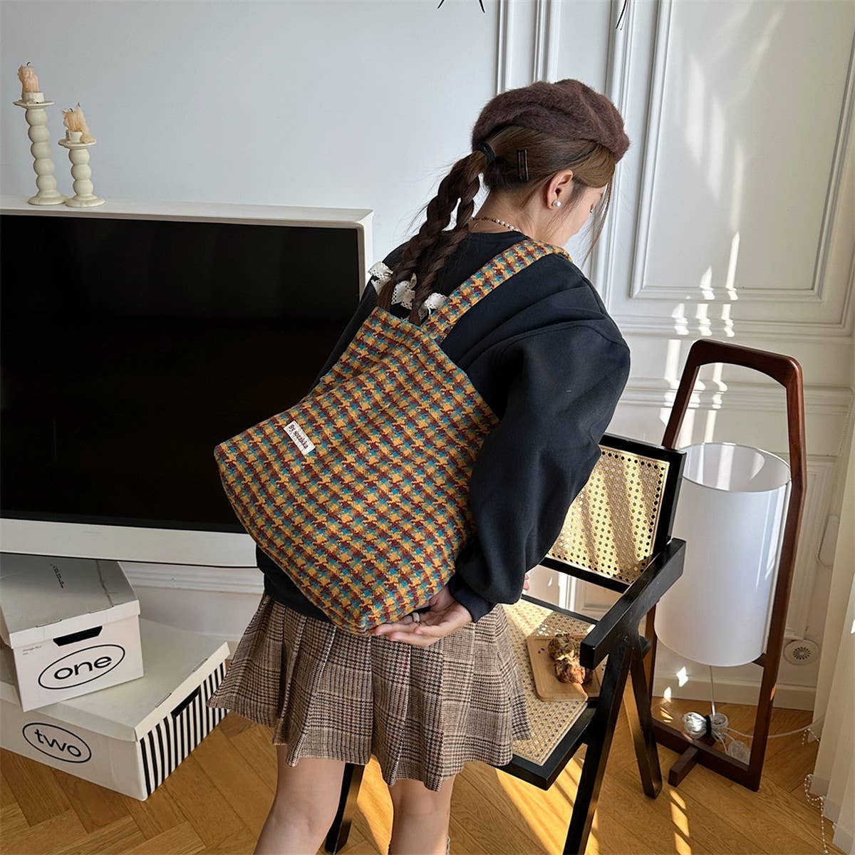 CWAB3902_HOUNDSTOOTH LARGE CAPACITY SHOULDER BAG