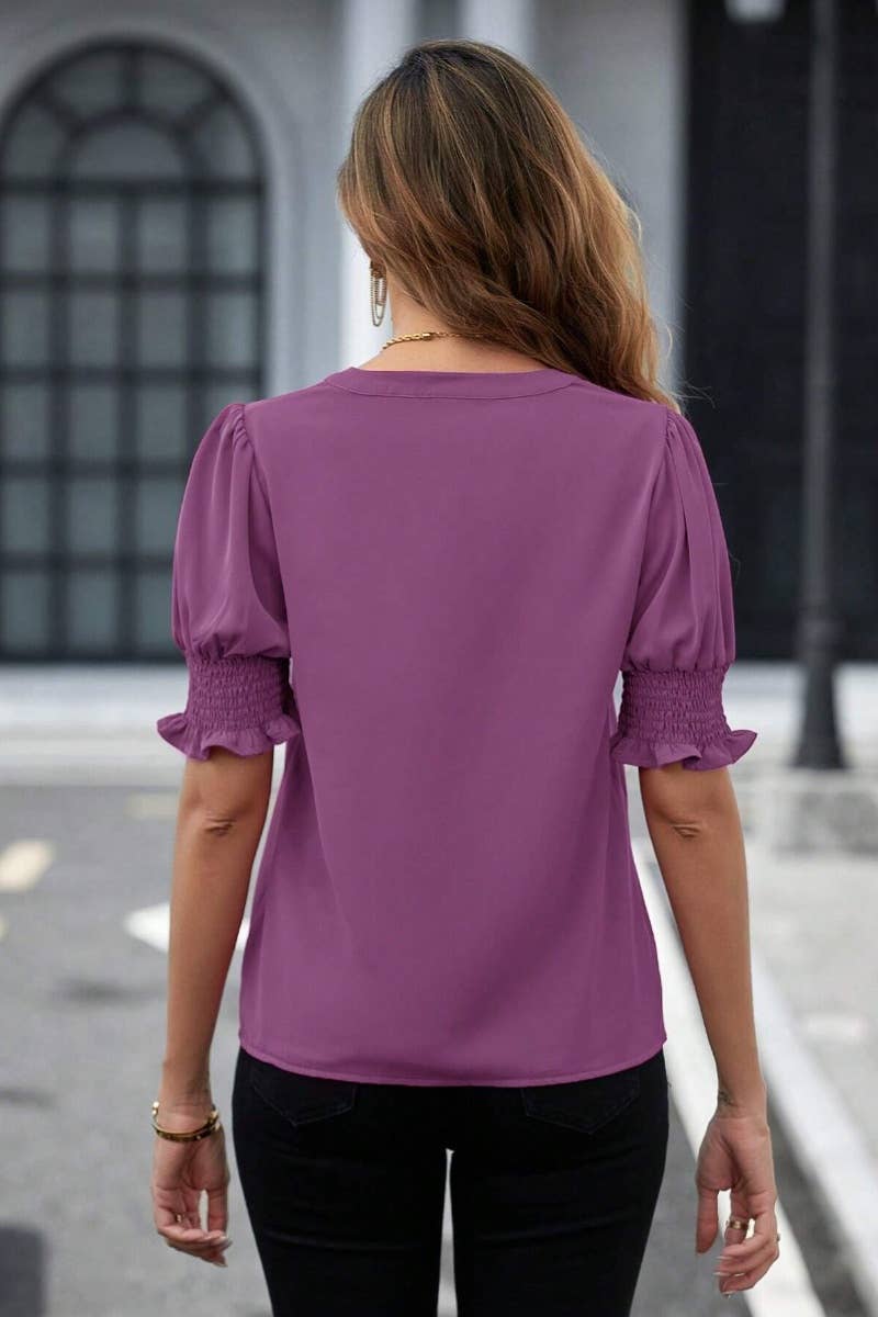 CWTSTS0461_SUMMER V-NECK SOLID COLOR SHORT-SLEEVED SHIRT TOP
