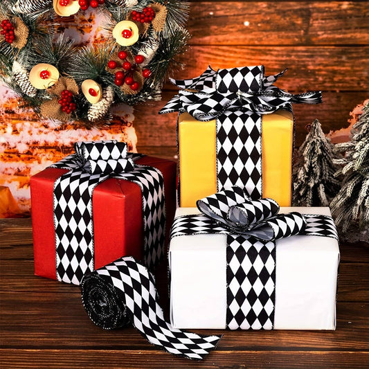 CWMM10210_HALLOWEEN BLACK WHITE PLAID RIBBON 5 YARDS DECOR