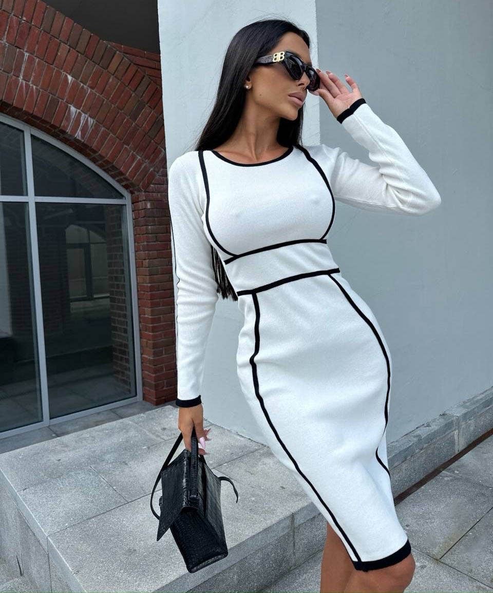 CREW NECK LONG SLEEVE PATCHWORK COLOR DRESS