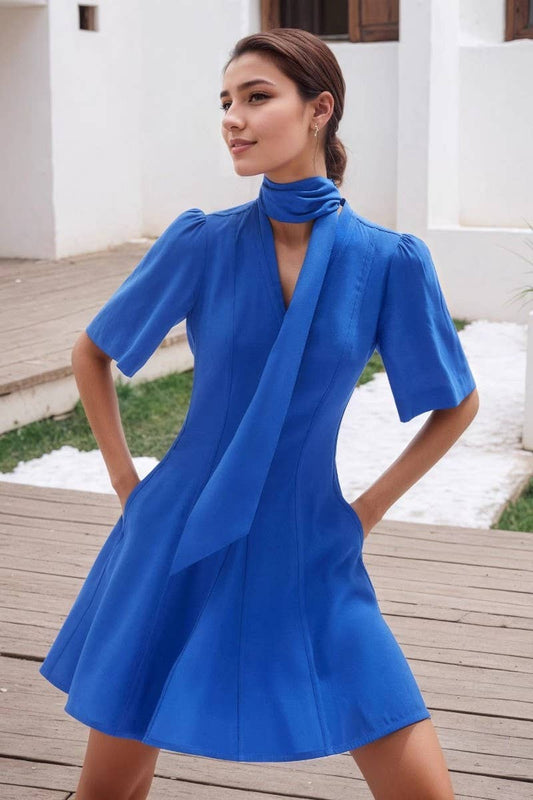 CWDSD8803_V-NECK CUT POCKET A-LINE FLARED MINI DRESS