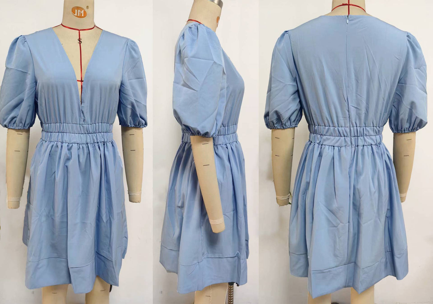 Deep V-neck cinched-waist elastic pleated dress