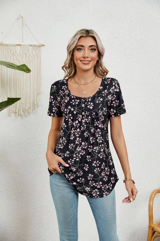 CWTBLS0850_BUTTON PRINT FLORAL SHORT SLEEVE BAGGY TOP