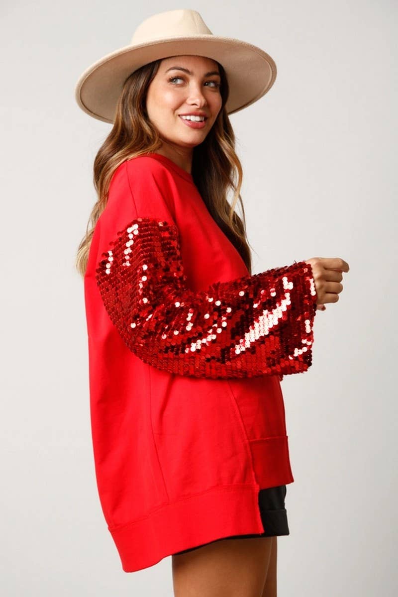 CWTBLL01265_CHRISTMAS SEQUIN SLEEVE PATCH SWEATSHIRT