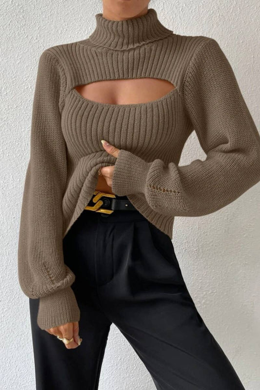 CWOSWL6626_SEXY CUTOUT LONG-SLEEVED TURTLENECK SWEATER