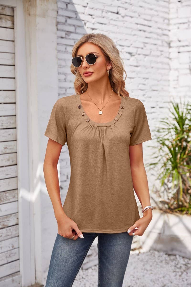 CWTTS00718_SUMMER NEW SHORT-SLEEVED T-SHIRT BUTTON U-NECK TO
