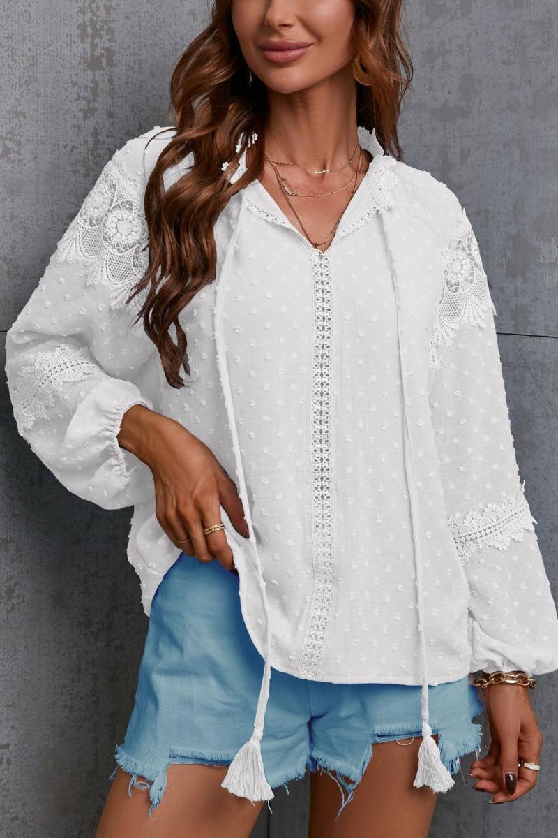 CWTBLL0831_CHIFFON HALF-NECK LACE PATCHWORK LONG-SLEEVED TOP