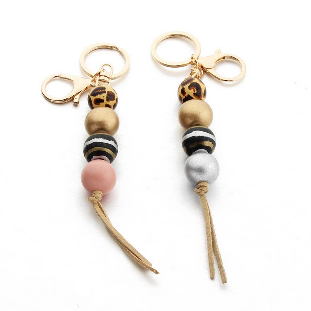 Leopard Wood Bead Keychain with Mini Tassel