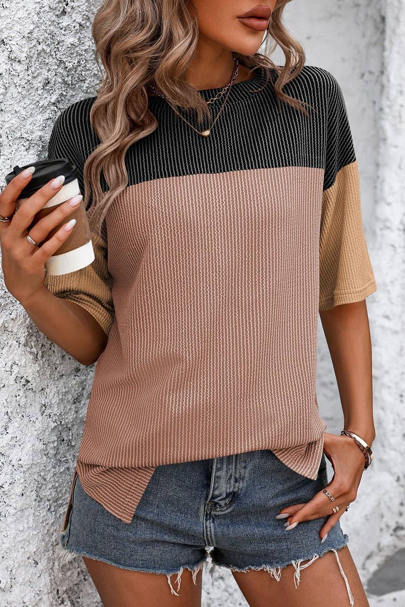 CWTTS1317_SUMMER ROUND NECK COLOR BLOCK LOOSE T-SHIRT