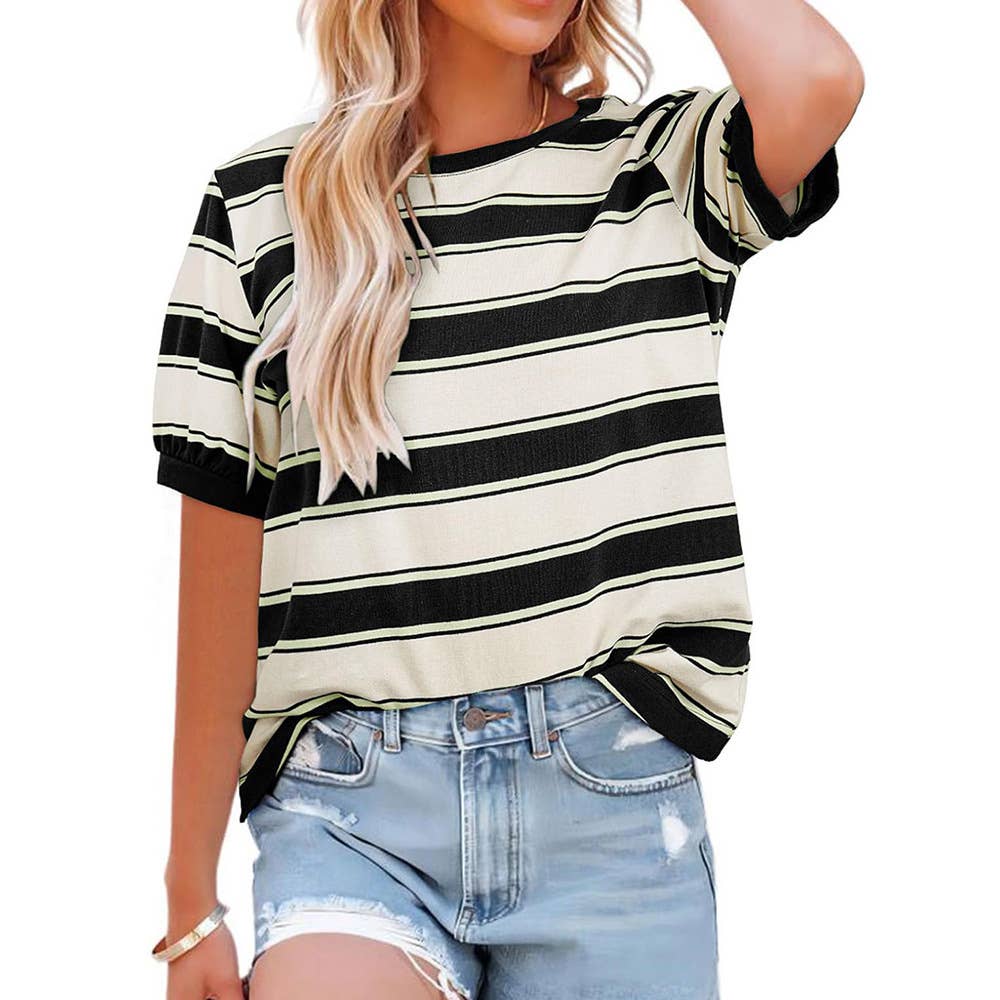 Crew-neck baggy top striped short-sleeved Top