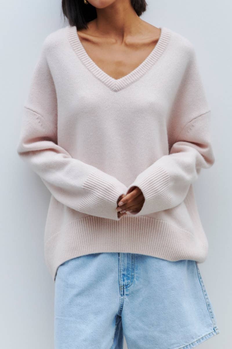 CWOSWL6632_SOLID COLOR V-NECK LONG-SLEEVED SWEATER