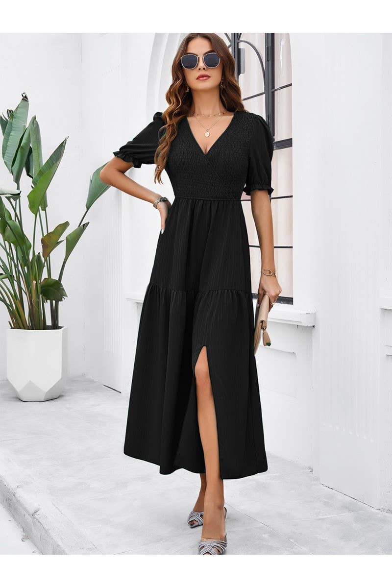 CWDMD2403_V-Neck Smocking Short Sleeve Split Midi Dress