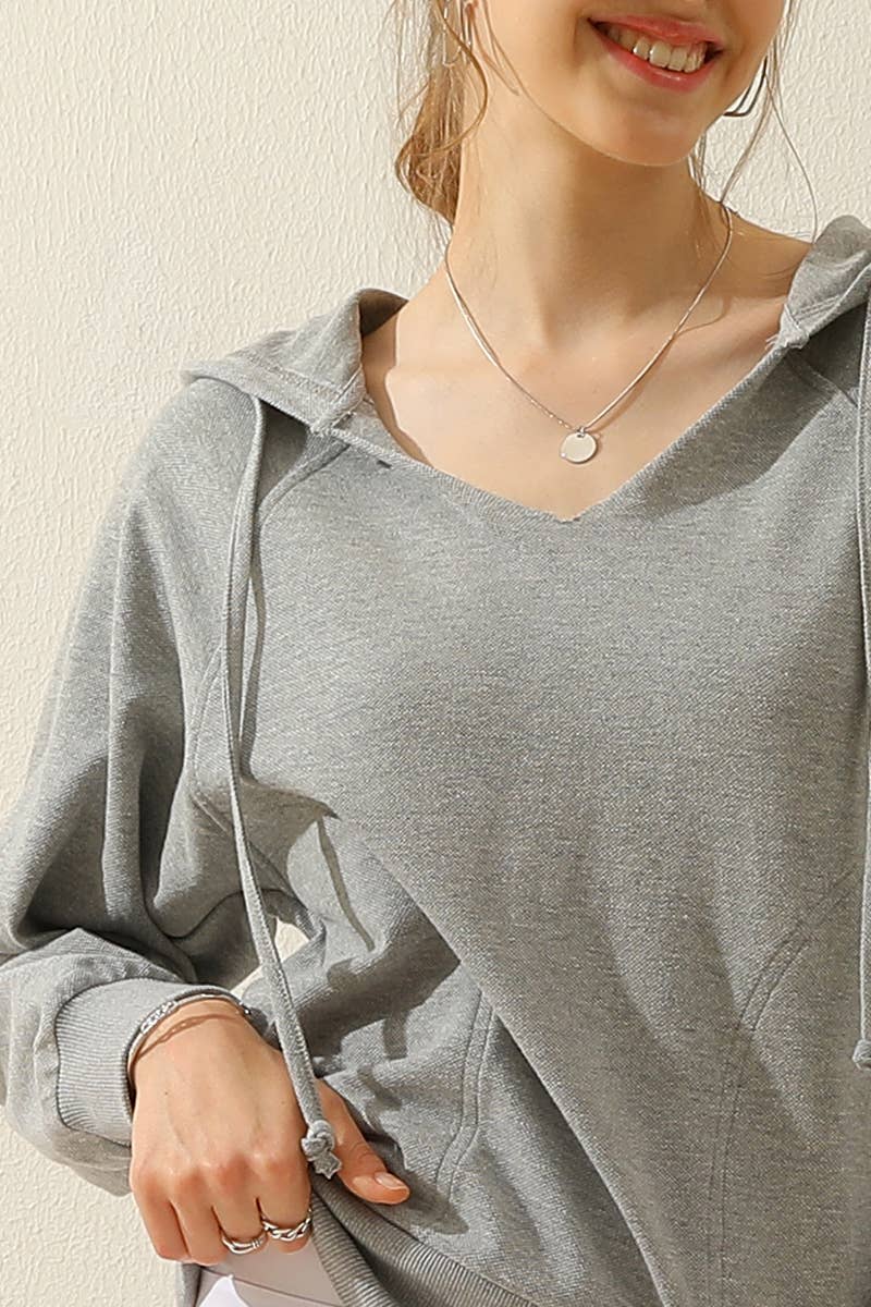 CWOHOL446_V NECK COTTON HOOIDE SWEATSHIRT CASUAL TOP